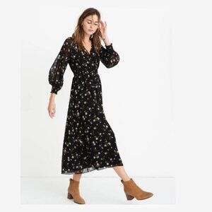 Madewell Black Floral Georgette Smocked Midi Dress - Size Medium Petite - NWT